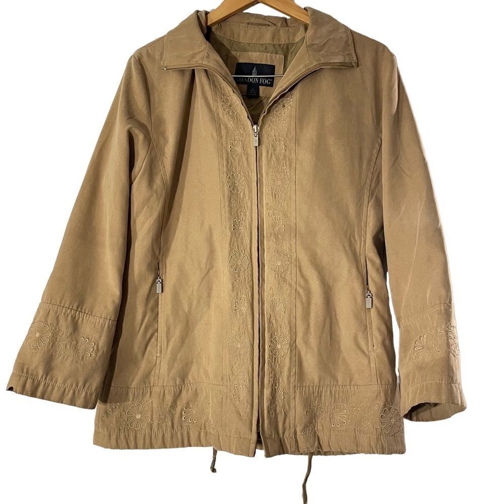 London Fog All Weather Faux Suede Embroidered Jacket Drawstring Waist Size Small